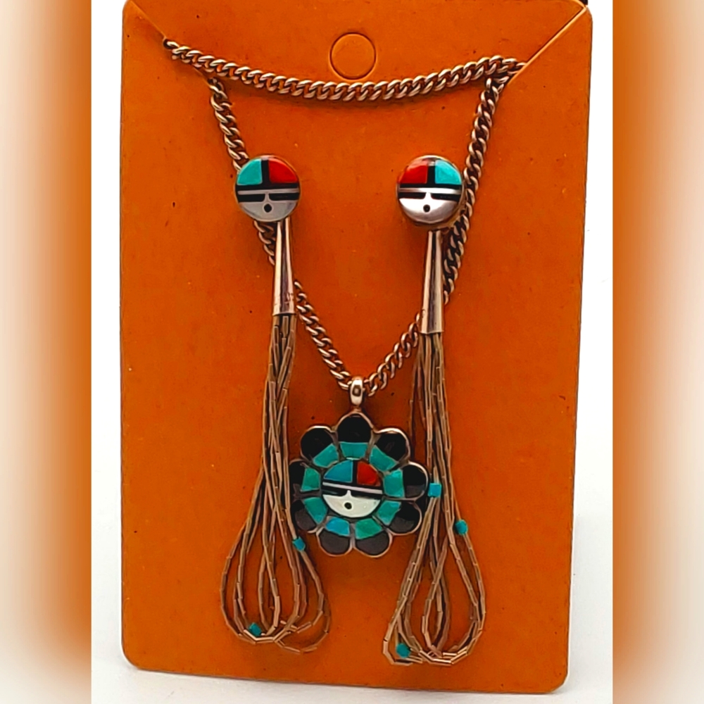Zuni Multi-Stone Sunface Inlay Pendant & Earring Set